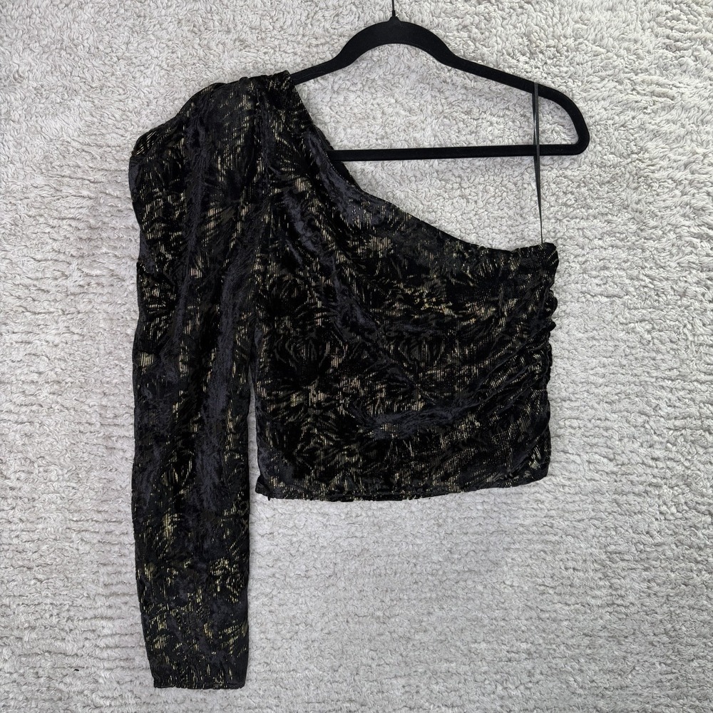 Express One Shoulder Black & Gold Metallic Ruched Crop Top Women's Small Party - Picture 3 of 10